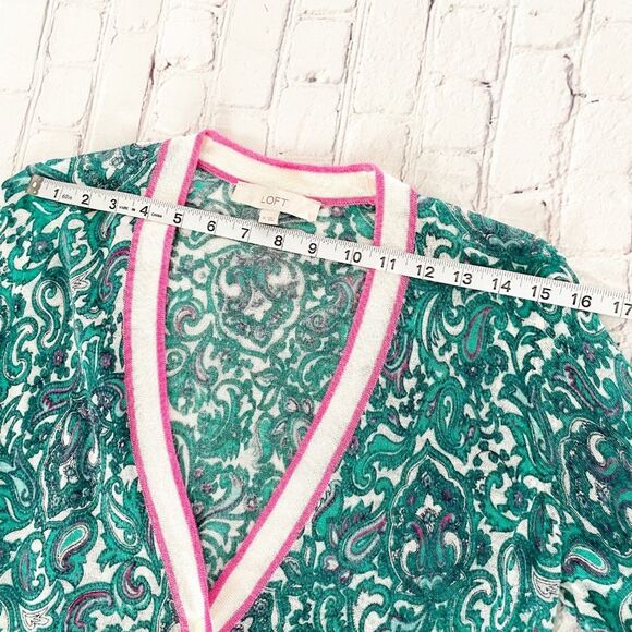 LOFT Green Pink Paisley Ramie V Neck Button Front Sheer Long Sleeve Cardigan M - Picture 7 of 12